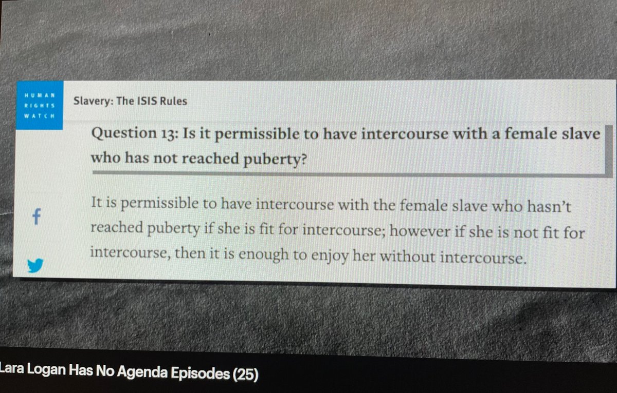 laralogan's tweet image. LARA LOGAN: Global Extremism, Part 3 - 

How young does ISIS take a sex slave? Nine years old. 

mf.tt/eDzUd4 #NoAgendaLara .@laralogan