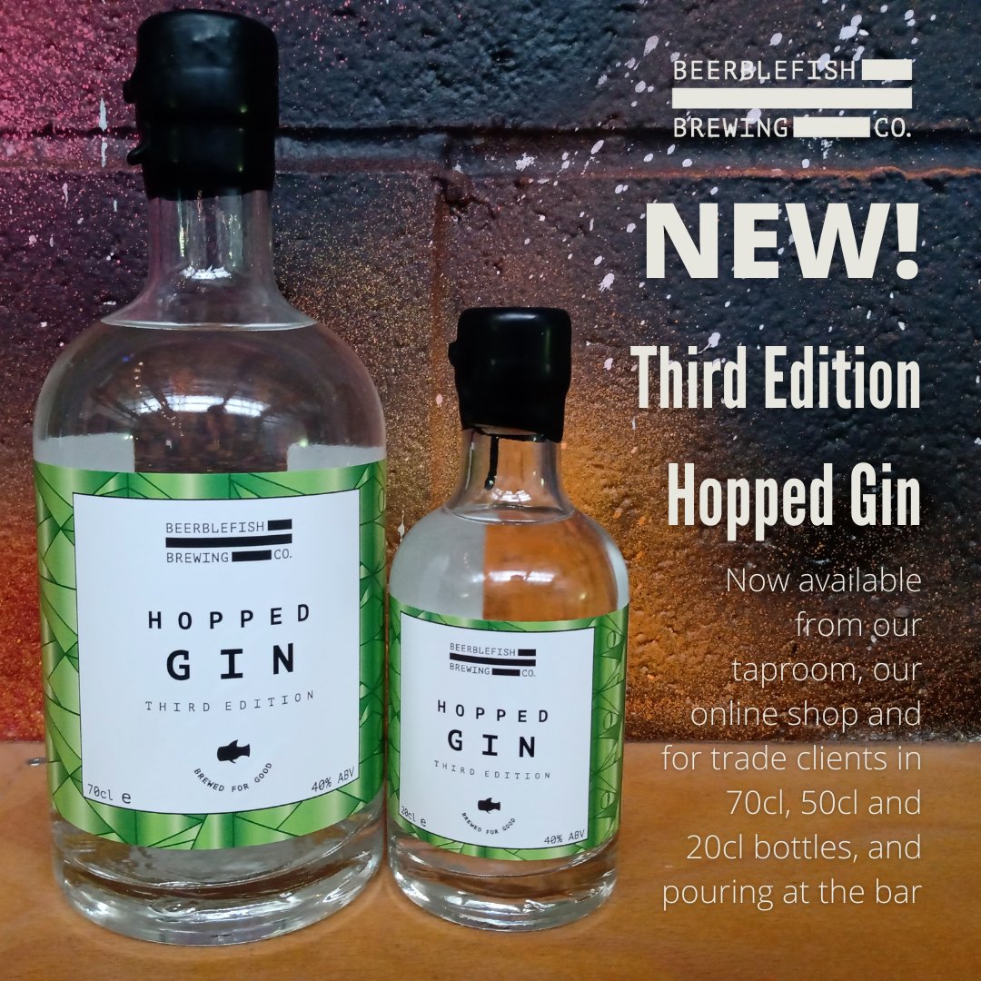 beerblefish's tweet photo. The new gin has dropped! Our Third Edition Hopped Gin is now available from our online shop and taproom! It's zesty with a hint of cucumber. Delicious. 70, 50 and 20cl bottles available, and it's pouring at the bar. #hoppedgin #walthamstow https://t.co/eVimz2gSLr