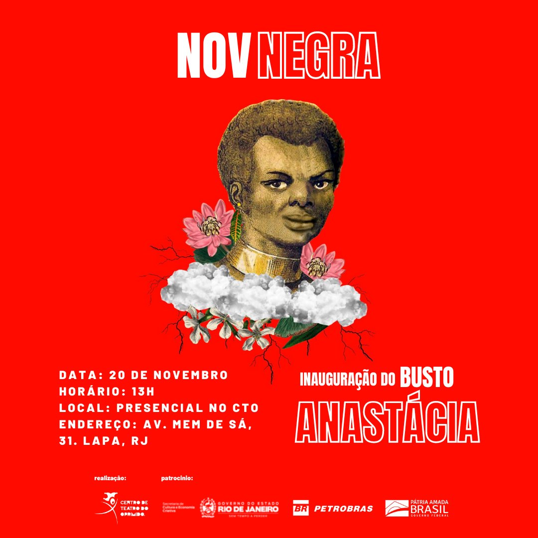 cto_rio's tweet photo. Hoje vamos celebrar a existência dessa importante personalidade em um ato revolucionário, trazendo o busto de Anastácia a princesa sem máscara, livre das amarras que condenam até hoje seu povo. Convidamos a todas para a inauguração às 13h, presencialmente na cede do CTO. https://t.co/e84Hm4tSjk