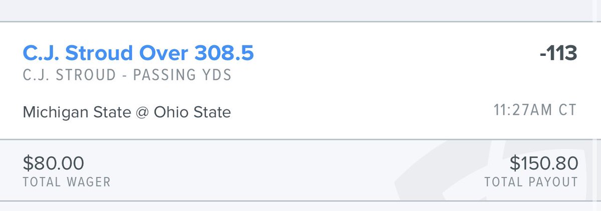ParlayDoc's tweet photo. 🔳 CJ Stroud o308.5 passing yds 

Has hit this in 3 of last 5; on one of the times he didn’t cover was 4 yards shy. This is 16 yards lower than DK which is nice. One factor is if Michigan State kills too much clock with running. 

#wagerlife #GamblingTwitter https://t.co/hKOyljt6Ag