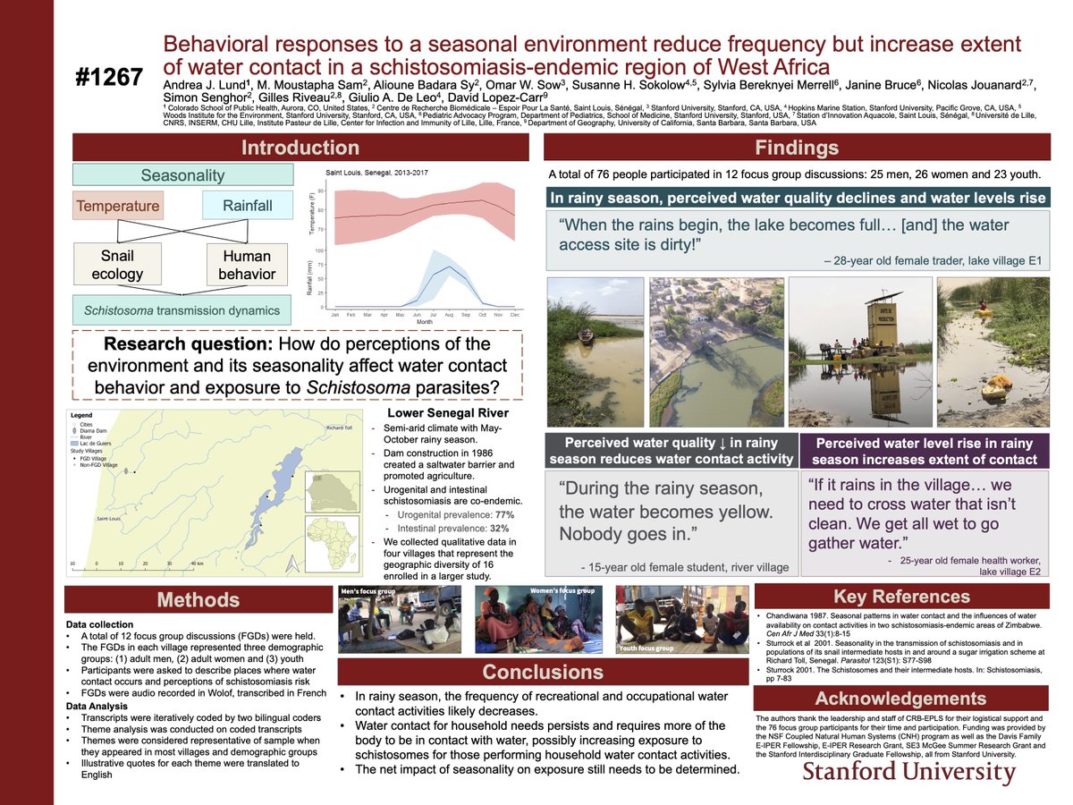 At poster 1267, in collaboration with <a href="/DeLeoLab/">De Leo Lab</a> <a href="/UpstreamAllies/">Upstream Alliance</a>, I present #qualitative data to understand how perceptions of the environment affect water contact behavior and exposure to #schistosomes in #Senegal 🇸🇳