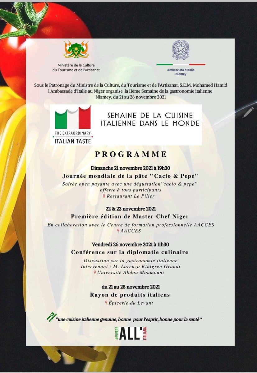 AaccesDev's tweet photo. À l'occasion de la semaine de la cuisine italienne dans le monde, nos jeunes chefs seront mis à l'épreuve mardi 23 novembre dans une édition exceptionnelle de #MasterchefNiger avec @ItalyinNiger
Rendez-vous chez @PotagerA pour suivre cet événement exceptionnel https://t.co/3CoDMioA0I