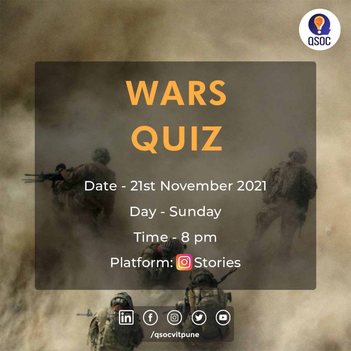 qsocvitpune's tweet photo. Join us for the “Wars Quiz” .
Tomorrow at 8 pm on our Instagram Stories.🤝
#trivia #wars #warsquiz #qsoc #vit #vitpune https://t.co/MNCzBADuMw
