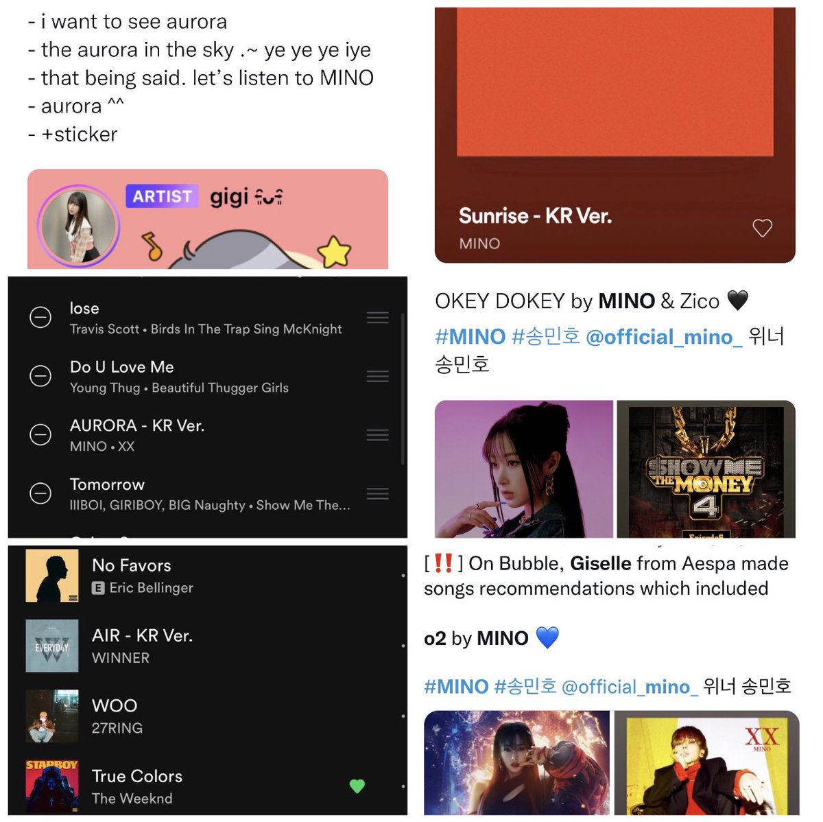 rugayainseo_twt's tweet photo. Seems like AESPA's Giselle is really WINNER fan and especially a Mino stan. She always recommends his songs. And Gi is a big "Aurora" enthusiast 🧡🥰 https://t.co/UXCbMm9wnW
