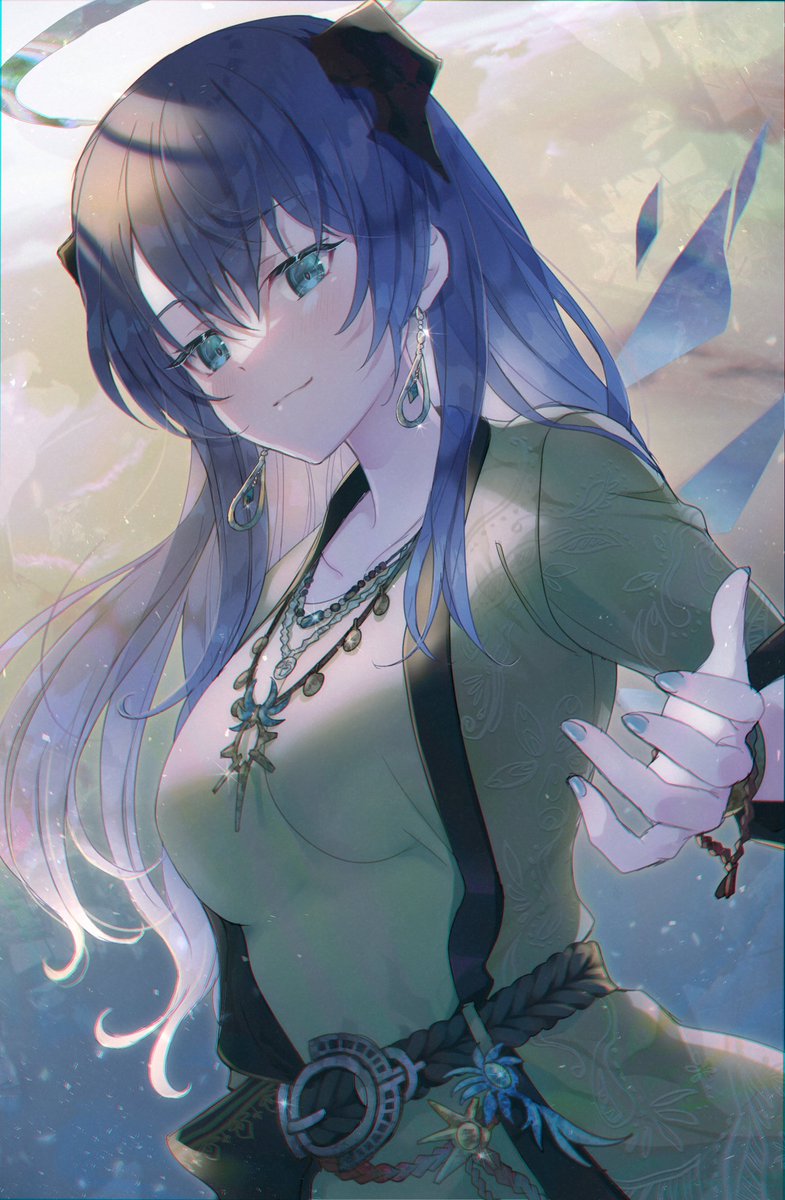 mostima (arknights) 1girl solo jewelry halo horns necklace blue hair  illustration images
