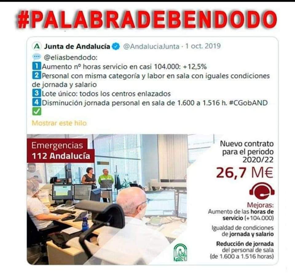 <a href="/eliasbendodo/">Elías Bendodo</a> <a href="/FunTresCulturas/">Fundación Tres Culturas del Mediterráneo</a> <a href="/AndaluciaJunta/">Junta de Andalucía</a> @ExteriorJunta <a href="/concha_santa/">Concha de Santa Ana</a> <a href="/EnricMillo/">J. Enric Millo Rocher</a> <a href="/Rampppp/">Rosario Alarcón Mañas</a> <a href="/InteriorJunta/">Consejería de la Presidencia y Emergencias</a> Usted habla de Diálogo? #Emergencias112Andalucia aún estemos esperando a q cumpla lo que dijo y que actúe, mientras <a href="/ferrovial_es/">Ferrovial</a> campa a sus anchas y destruye el servicio y las condiciones/derechos de la plantilla ¡BASTA YA! Actúen de una vez y ¡CUMPLAN!