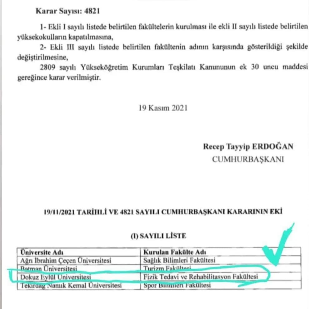 Yüksekokulumuz, Cumhurbaşkanımız Sn. <a href="/RTErdogan/">Recep Tayyip Erdoğan</a> 'ın tensipleri ve Rektörümüz Sn. <a href="/hotar_nukhet/">Prof. Dr. Nükhet Hotar</a> 'ın gayretleri ile Ege Bölgesinin ilk ve Türkiye’nin 3. Fizik Tedavi ve Rehabilitasyon Fakültesi olmuştur. Kendilerine şükranlarımızı sunarız. <a href="/universitemDEU/">Dokuz Eylül Üniversitesi</a>