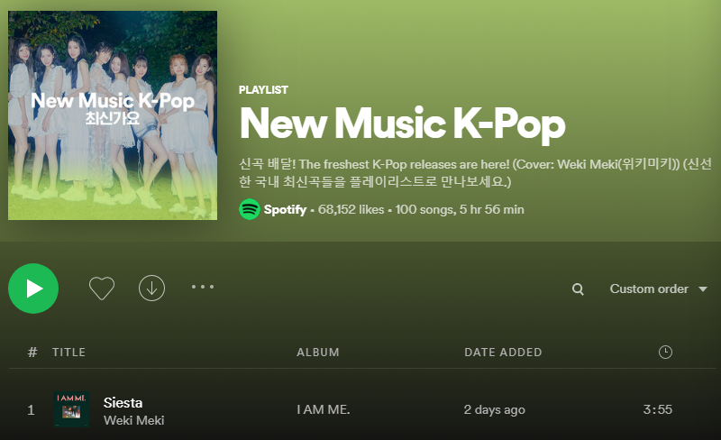 🎧 #Siesta entered the "New Music K-pop" playlist with over 68K likes and Weki Meki was featured on the cover

🖇️open.spotify.com/playlist/37i9d…
<a href="/WekiMeki/">WekiMeki 위키미키</a> #WekiMeki