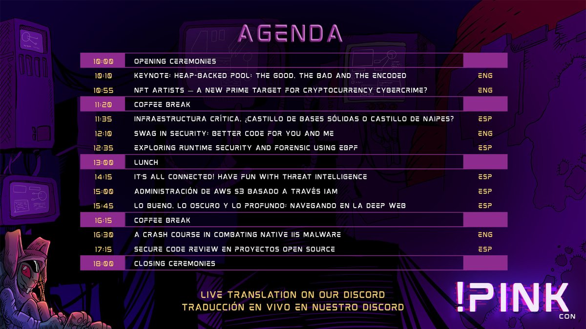 🍔 ¡Nos vamos al LUNCH! 🍕 WE'RE OFF TO LUNCH! 🚀

Sabemos que hay hambre y no se vive de código, así que pasamos al almuerzo 🍝

Pero VOLVEMOS a las 14:15 ART para hablar de #ThreatIntelligence con <a href="/solg_sh/">Sol G.</a> 🤩

¿Dónde? twitch.tv/notpinkcon