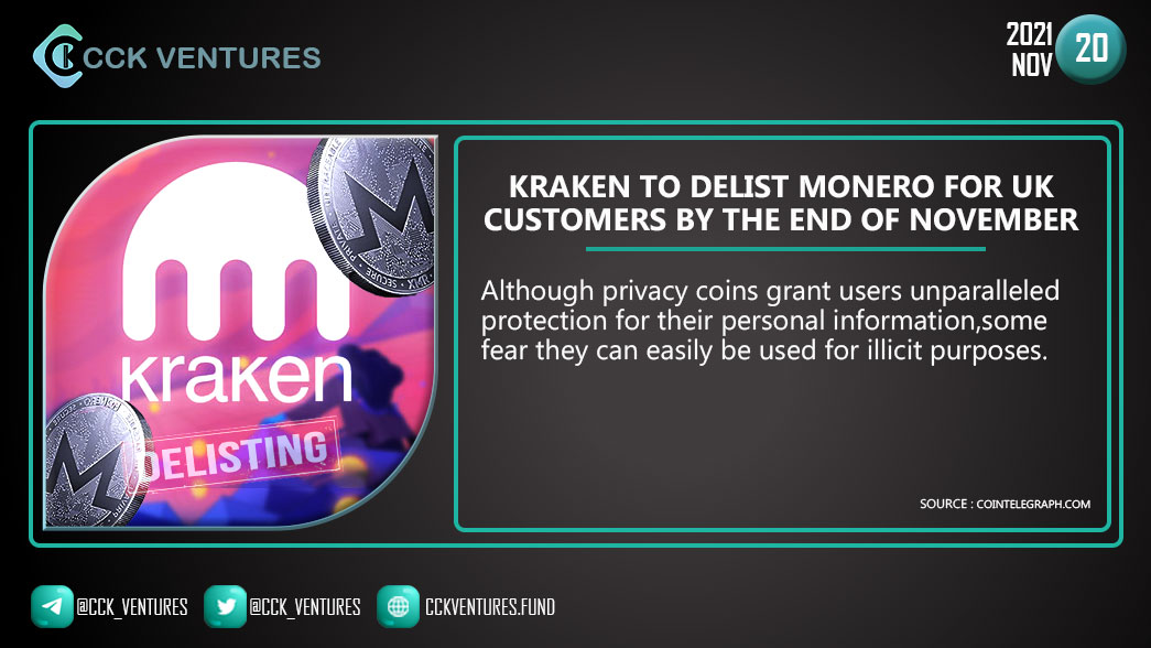 CCK_ventures's tweet photo. Kraken to delist Monero for UK customers by the end of November

#Kraken #Monero #UK #Delist @monero @MoneroTalk @krakenfx

Join CCK

✅Group: https://t.co/TCxfYZthhv
✅Channel: https://t.co/7eVh8snEcC https://t.co/5QQcarmJzZ