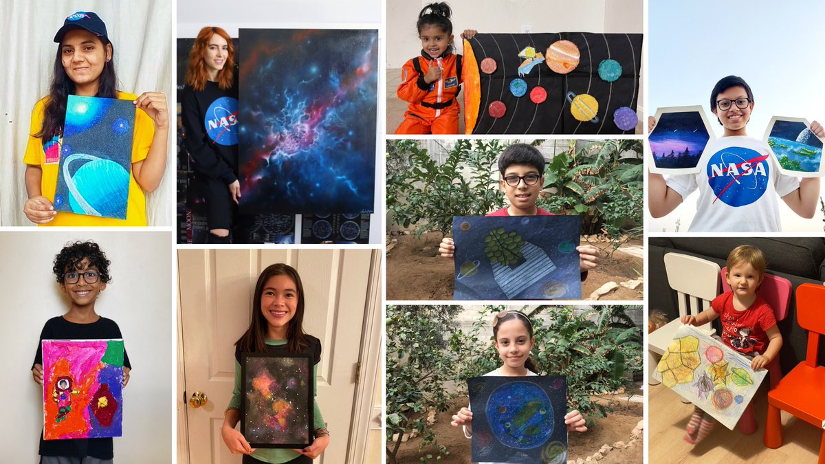 A photo collage of submissions from the James Webb Space Telescope's #UnfoldTheUniverse challenge. Top row, left to right: R. Vasukidevi with painting of blue ringed planet. Lanchen Mihalic with large-scale blue and purple painting of a nebula. Sreshta Velamuri wears an orange astronaut suit and sits next to art of the James Webb Space Telescope flying among cutouts of the planets within the solar system as well as the Sun. Sania Afroz with small hexagonal paintings of a night sky and Earth/the Moon. Middle row: Redwan Alrayes with a drawing of the James Webb Space Telescope among planets and galaxies. Bottom row: Mashal with painting of the James Webb Space Telescope next to himself in an astronaut suit. Olivia Ko with art of a colorful nebula. Suzan Alrayes with a drawing of an Earth-like planet. Toddler Nadia sits on a red chair holding a drawing of Webb next to colorful planets and stars.
