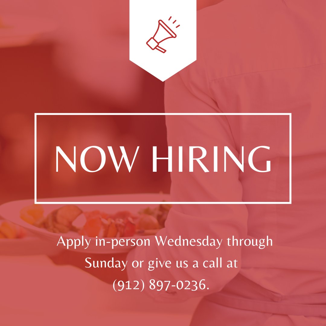 We are seeking friendly and dedicated staff to join our team! The top priority is hiring a new Kitchen Manager. If this job is a good fit for you, apply in-person or online on our website or Facebook page or give us a call at (912) 897-0236.