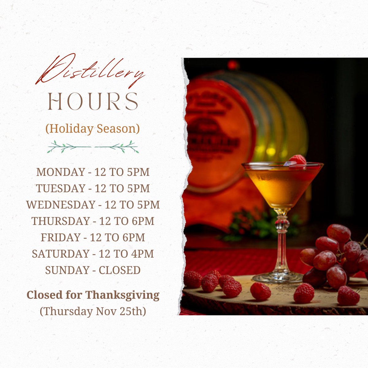 XplorerSpirits's tweet photo. Please note our updated #Distillery hours for the #Holiday Season
_______________________

Monday - 12 to 5 pm
Tuesday - 12 to 5 pm
Wednesday - 12 to 5 pm
Thursday - 12 to 6 pm
Friday - 12 to 6 pm
Saturday - 12 to 4pm
Sunday - Closed
____________________

Closed for Thanksgiving https://t.co/8WNXyaVdv5