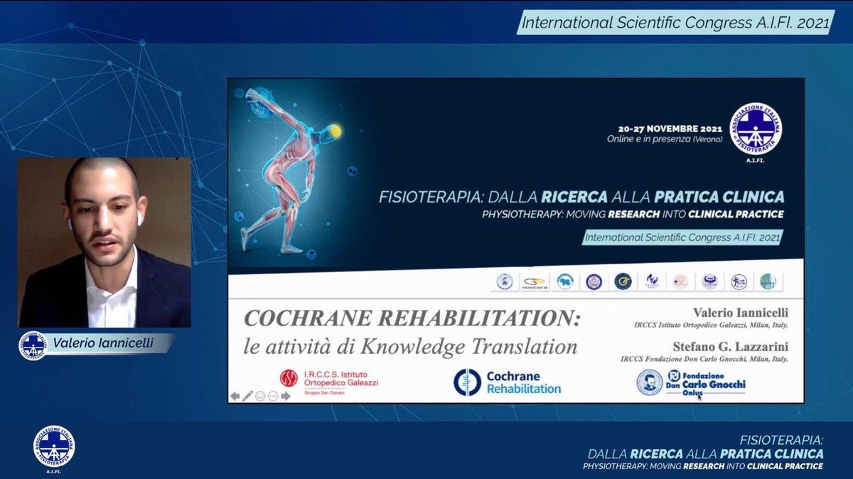 SilviaGianola84's tweet photo. Le attività di knowledge translation del Cochrane Rehabilitation field al Congresso Internazionale di AIFI 2021 con il Dr. V.Iannicelli e il Dr.S.Lazzarini @AIFI_nazionale @CastelliniGreta #ScientificCongressAIFI https://t.co/ThaU6OkRzP