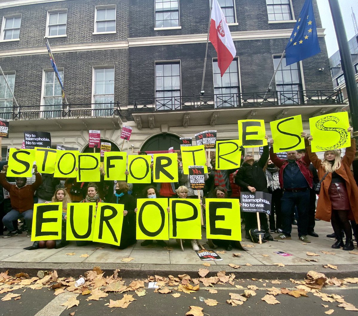 Outside the Polish embassy today - Stop Fortress Europe! 
#RefugeesWelcome