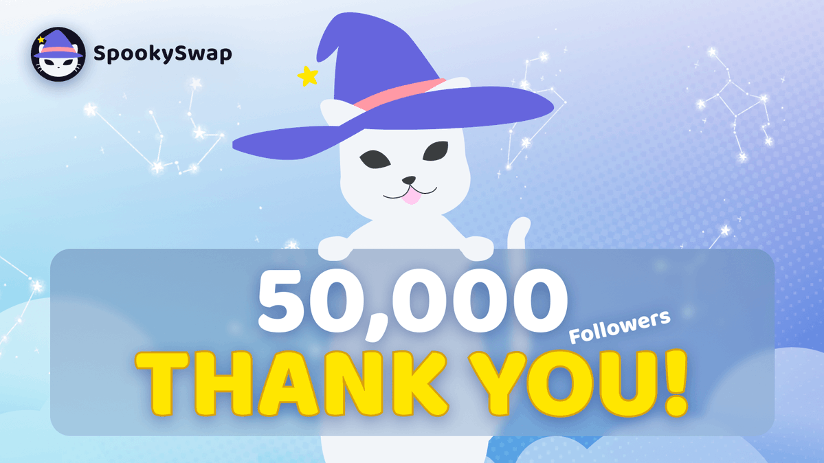 🎉🐈 Thank you everyone for 50k followers! 🐈🎉

💸 We're going to give $100 in $BOO to 8 people who:

💜 Follow
♻️ Retweet
🗨️ Reply with what you love about $FTM!

SpookySwap has native limit orders, chart analysis, and an easy to use bridge for 7 great #DeFi networks! 😺