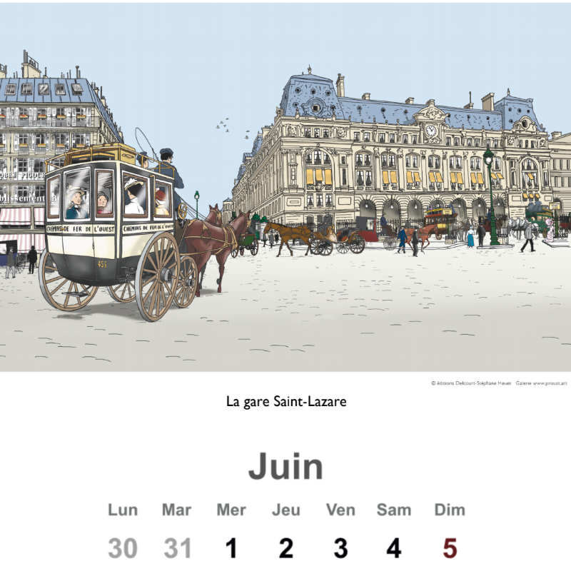 ProustArt's tweet photo. Le calendrier Marcel Proust du centenaire illustré par Stéphane Heuet, auteur de "À la recherche du temps perdu" en bande dessinée. 

Juin 2022 : La gare Saint-Lazare.

Disponible sur https://t.co/mLnlSQAhil

#proust