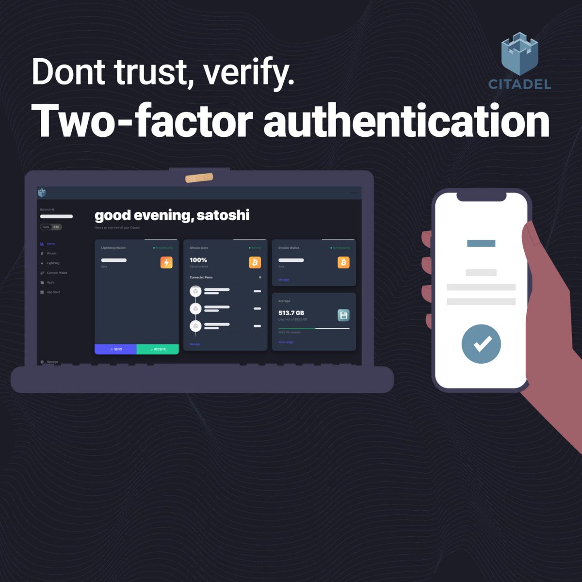 runcitadel's tweet photo. Announcing Citadel 0.5.10:

Today we’re giving you a way to add extra security to your Citadel node by enabling two-factor authentication (2FA). This is a feature that we get tons of requests for, so we’re happy to finally be able to deliver it to you. https://t.co/pvja3DUQwp