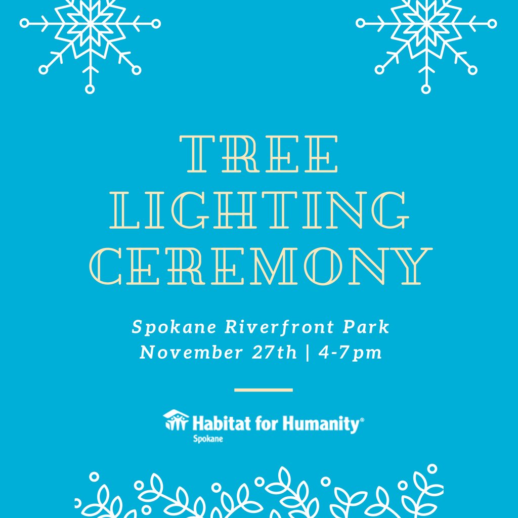 HFHSpokane's tweet photo. The Numerica Tree Lighting Celebration is a @riverfrontpark holiday event happening next Saturday, November 27th from 4-7 pm and we would love for you to join us! Habitat-Spokane will have a booth there.  Come check out the fun! We will also have a fun activity for the kiddos! https://t.co/0SwSj60nlU