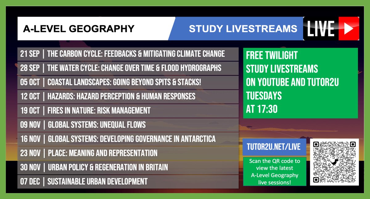 tutor2uGeog's tweet photo. Join us for our free live A-Level Geography revision sessions this half-term
📅 Every Tuesday
🕠 at 530pm
⏱️ 30-35 minutes of fast-paced, interactive Geography revision
💯 A great way to revise core topics and build exam technique
https://t.co/tbaz8BackG
#alevels #geography https://t.co/rYsgIwjUS7