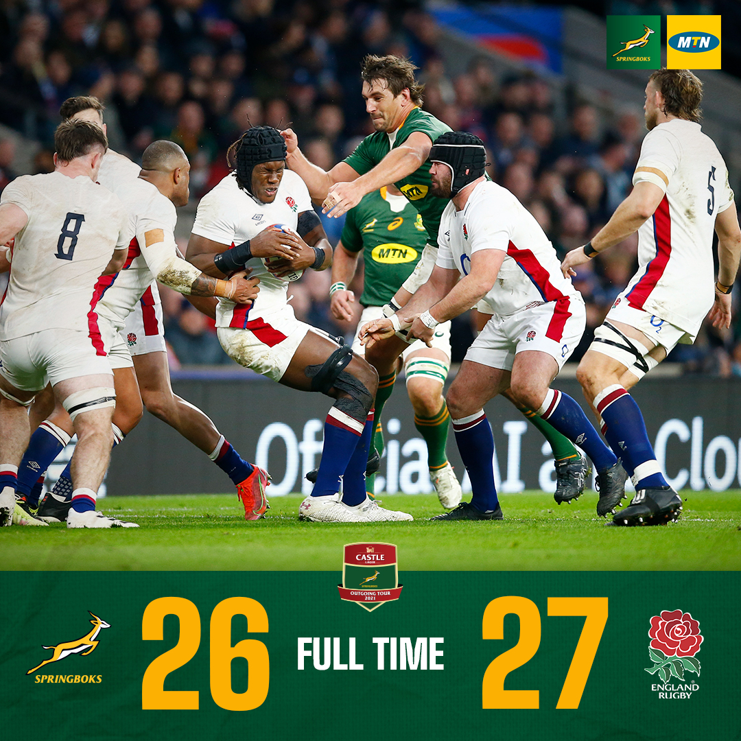 Springboks's tweet image. 👏 It’s all over at Twickenham. The Boks left nothing out there but in the end, England’s three tries sealed the deal for them. Well done @EnglandRugby on the win in what was a very tough Test to end our season. #StrongerTogether #StrongerForever #ENGvRSA #CastleOutgoingTour
