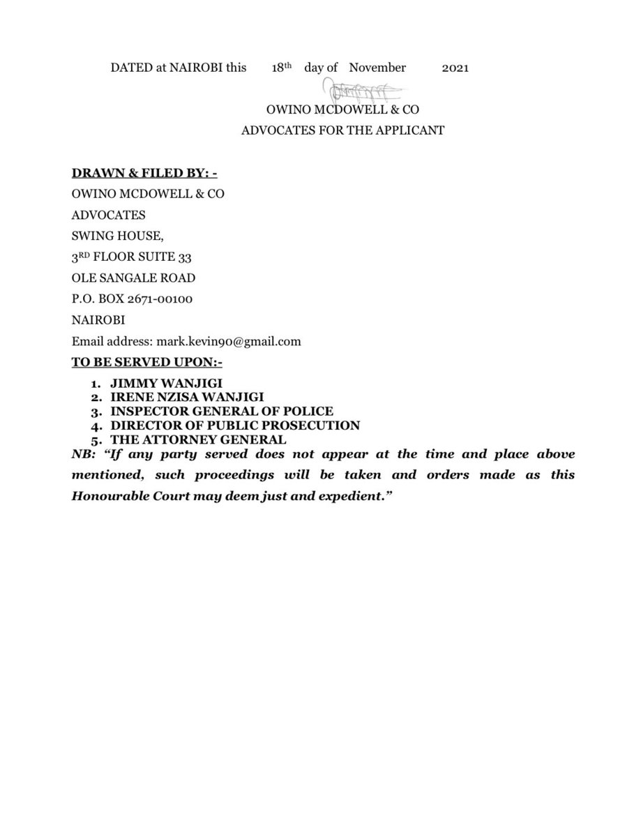 It has come to the attention of the Director of Criminal Investigations that a case namely HCJR 163/2021 has been filed on his behalf and the same is on the cause list to be mentioned on Monday, November 22, at 2pm before Justice Anthony Kimani Ndung’u, at the Milimani Law Courts
