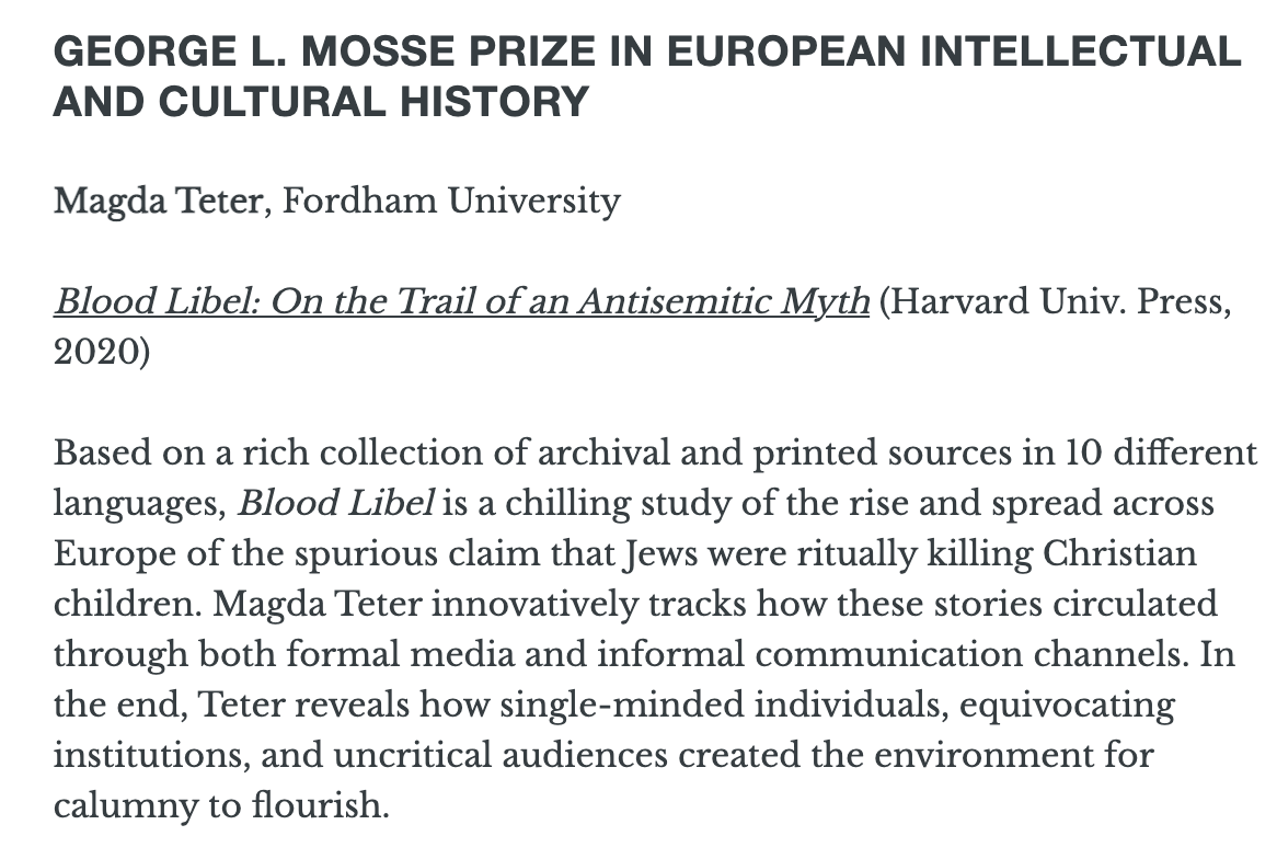 AgesEducators's tweet photo. @AHAhistorians has just awarded @MagdaTeter the Mosse Prize in European Intellectual and Cultural History for her book, Blood Libel. Last March, Professor Teter spoke with @AgesEducators  about her work and how it applies to us today. Our conversation: https://t.co/zmyjgw9Six https://t.co/5a4aarKXqq