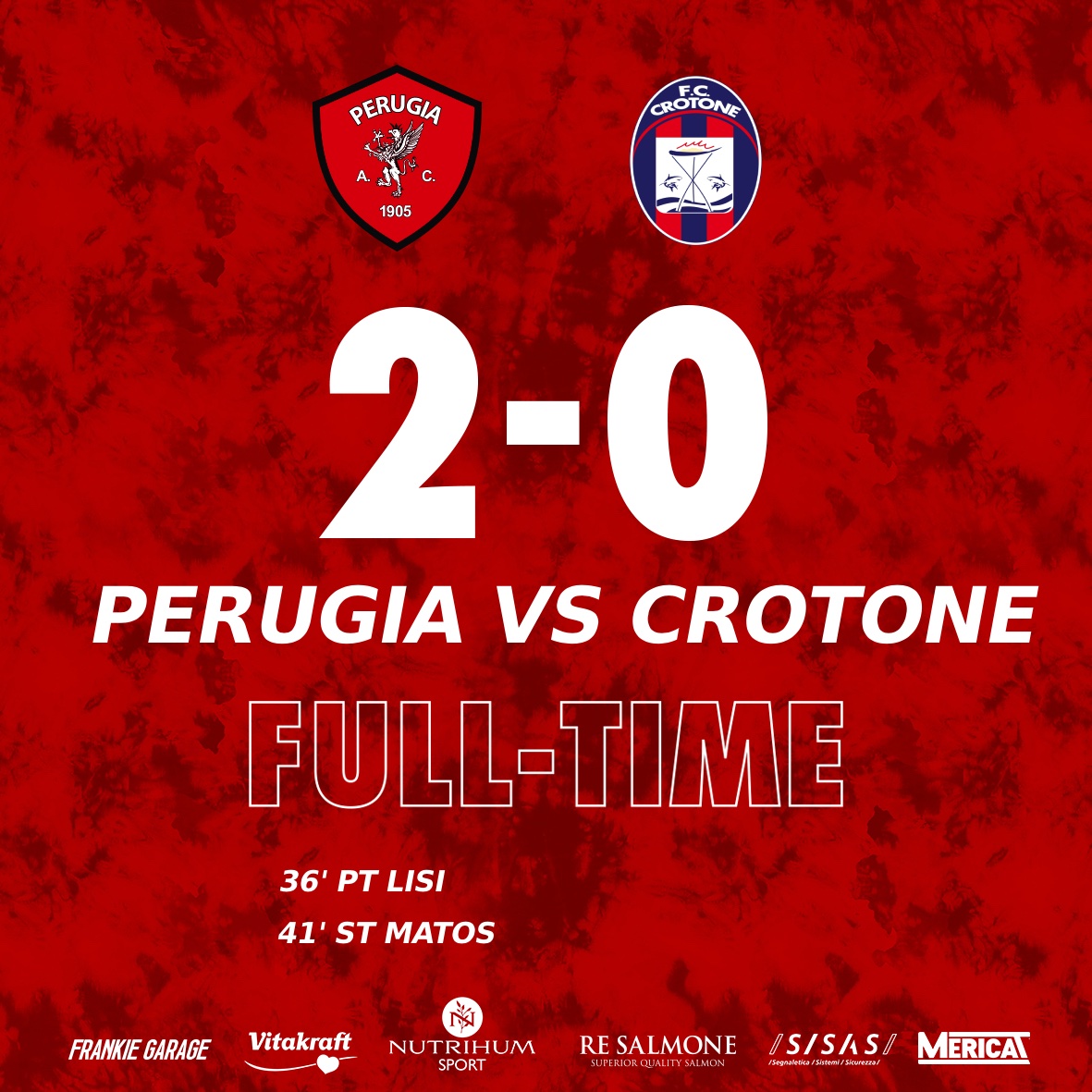 ACPerugiaCalcio's tweet photo. FINISCE QUI! ED È VITTORIAAAA!!!

Apre #Lisi, la chiude #Matos 

#PERCRO

#forzagrifo @Lega_B #SerieBKT #PerugiaCrotone https://t.co/B5incOYjlf