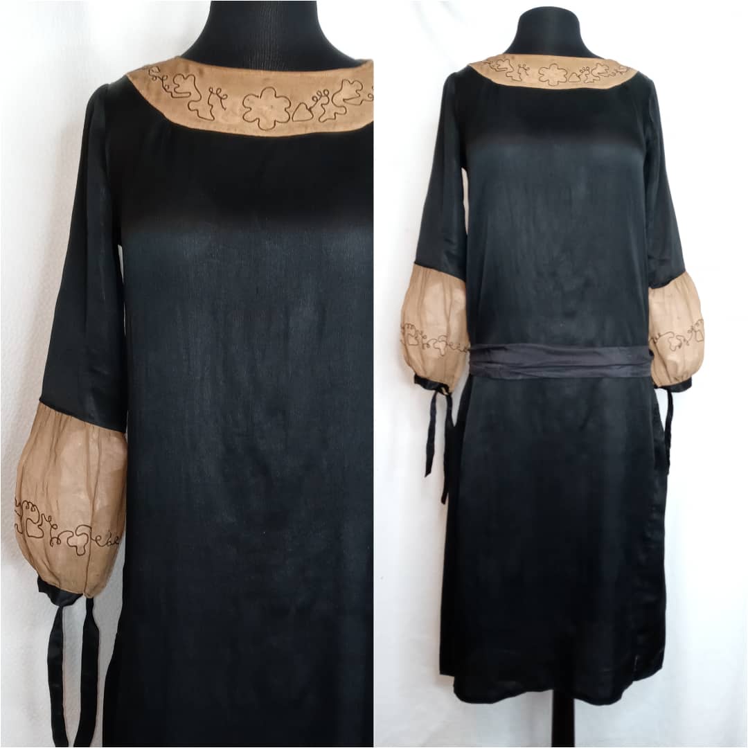 Lantern sleeve #dress c. 1918-24, black #satin w/ russet tissue #silk detailed w/ scrolling chain #embroidery & hand smocking defines #dropwaist #lanternsleeves #flapper #suffragette #DowntonAbbey #1920sfashion #costumedesign #fashion #vintage #vintagedress #20sfashion #costumes