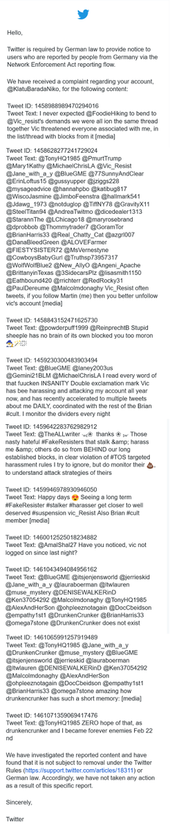 KlatuBaradaNiko's tweet photo. As usual, #FakeResister, #stalkers, #harassers have been very busy as usual

MAGA is not the biggest threat to #resister accounts,

but dividers from within the #resistance that dedicate their time to making false twitter #reports to get fellow resisters wrongly #suspended https://t.co/wm1FHConWF