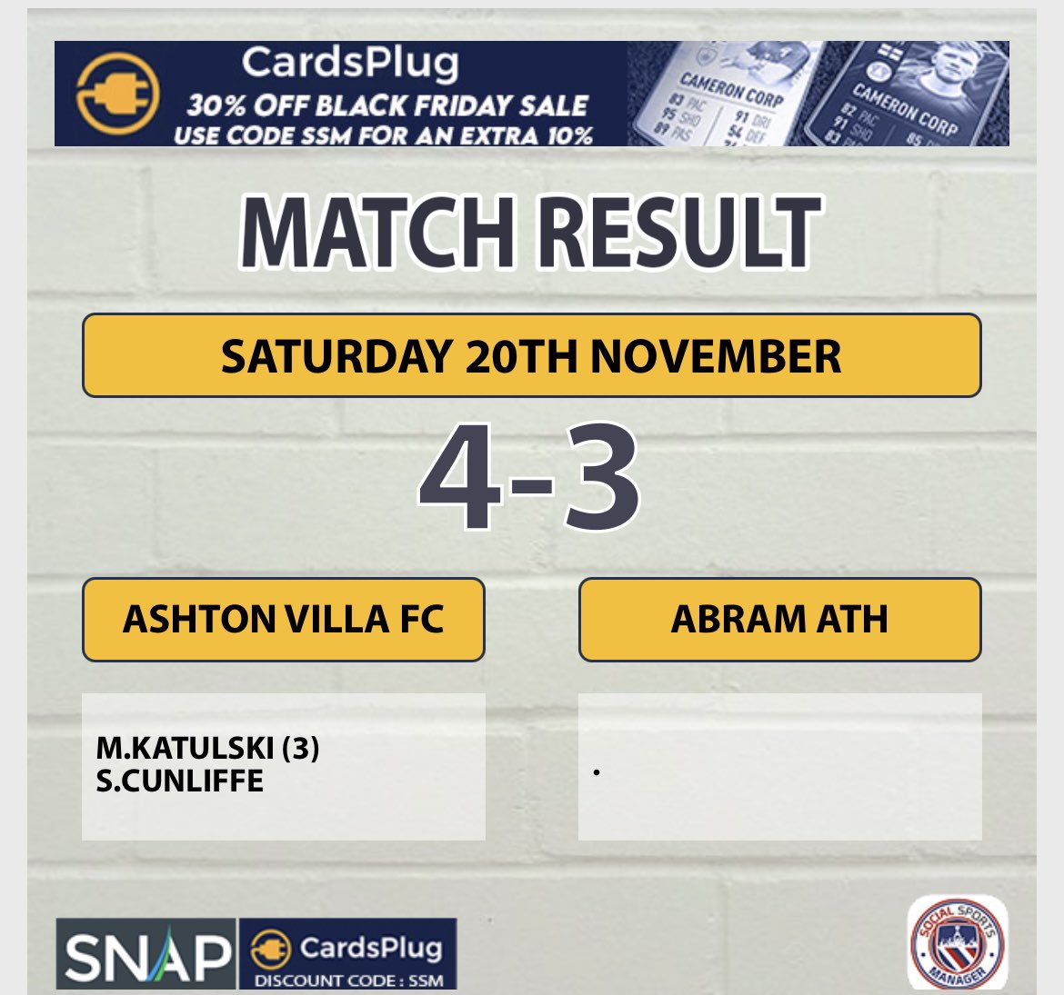 Great Result today for the villa! 
Came back from 3-1 down to win 4-3 against a strong <a href="/AbramAthletic/">AbramAthleticFC</a> side. Little Matty scored a hat trick and Big Ste grabbed the decider.