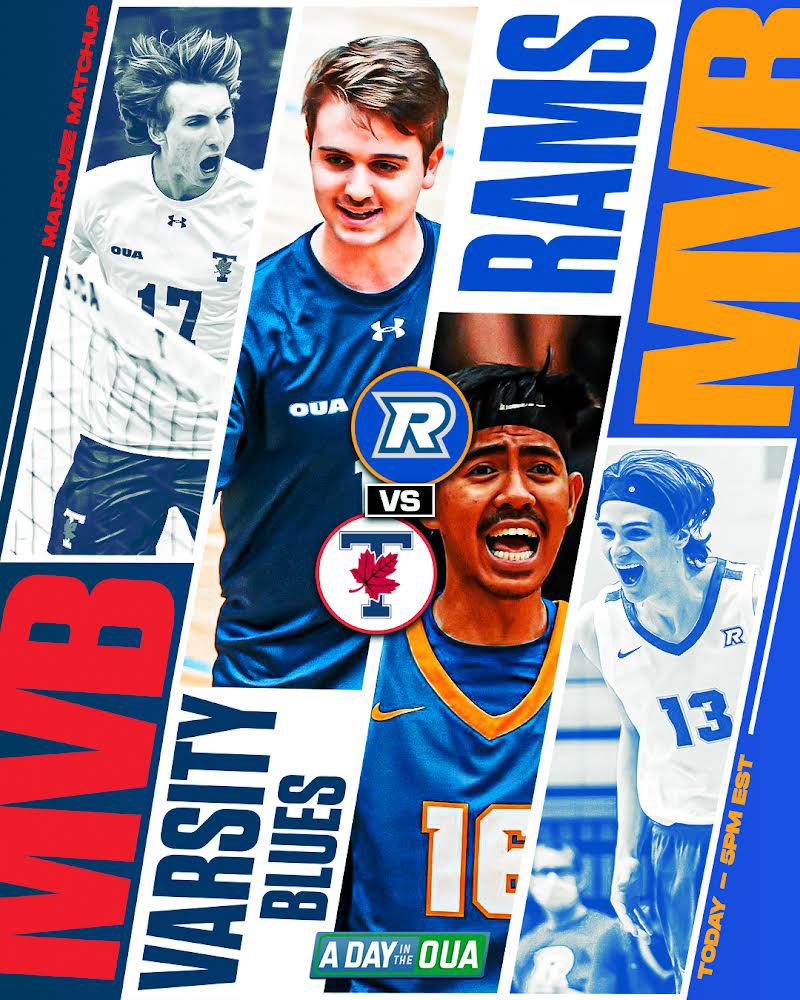 MARQUEE MATCHUP #3

The ladies led it off, now it’s the men’s turn as the <a href="/Varsity_Blues/">U of T Varsity Blues</a> square off against the @ramsmvb on the <a href="/UofT/">University of Toronto</a> campus to wrap up this VB doubleheader!

Coverage is LIVE now on OUA.tv as we approach the midway mark of our broadcast.

#OUA