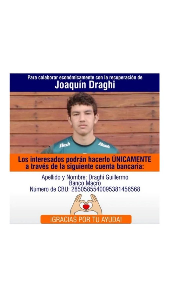 JoseMontesano's tweet photo. Joaquín nos necesita.
Joaquín Draghi, es un joven de 16 años que juega al Rugby en @caestudiantes de Olavarría y sufrió una contusión cervical en un partido de Rugby. 
Fue intervenido quirúrgicamente.
Si pueden colaborar, gracias de ❤️ https://t.co/JSOA5jKTXP