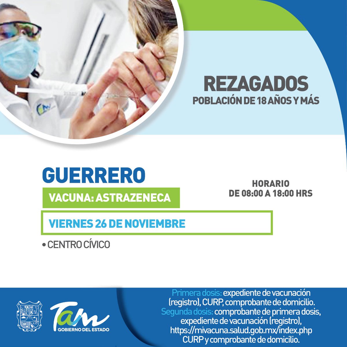 Del 22 al 24 de noviembre se estará aplicando la segunda dosis de la vacuna anticovid a adolescentes de 12 a 17 años de edad con enfermedades o condiciones que afectan sus defensas; en los municipios de Tampico, Madero, Altamira, Mante, Victoria, Nuevo Laredo, Matamoros y Reynosa
