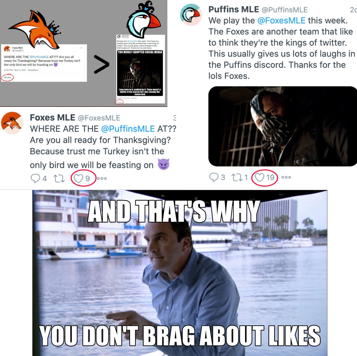 Tsk tsk, the <a href="/FoxesMLE/">Foxes MLE</a> made the rookie mistake of bragging about their twitter likes. It's no surprise what happened next. Real kings of twitter would probably know better. But you'll learn someday.