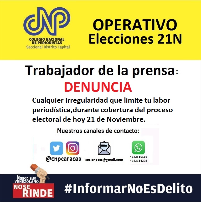 #21Nov  Colega periodista denuncia cualquier limitación al ejercicio de nuestra profesión durante la cobertura de #EleccionesVenezuela2021. Contáctanos inmediatamente.👇