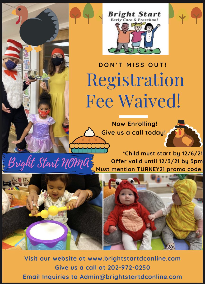 brightstartdc's tweet image. We are WAIVING the Registration Fee during the time of your enrollment, which is an incredible savings of $750!

Doesn't that sound like a steal? Spaces are limited, so hurry while this offer lasts.  

For information contact 202-722-2273

Or email admin@brightstartdconline.com