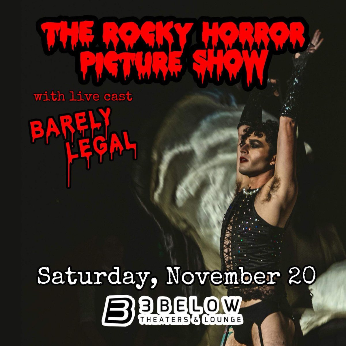 blrhps's tweet photo. Tonight Barely Legal is back at the 3Below Theater in San Jose for the #RockyHorrorPictureShow
Doors at 11:10 & show at 11:30.
Get your tickets in advance at https://t.co/AW8pS2kDyw
Come do the Time Warp before you fill up Meatloaโฆ.. I mean, Turkey. #RHPS #RockyHorror #BLFam https://t.co/hHyFMt8ZFj