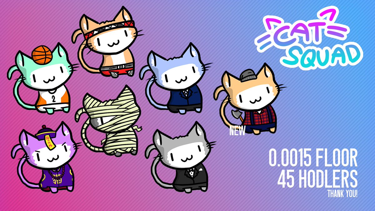 Update!😻
7 Cats left!
3 Pieces left on Polygon!
Thank you everyone for your support!

Check them out here!
ETH
opensea.io/collection/cat…

MATIC Polygon
opensea.io/collection/cat…

#NFT #NFTs #NFTCommmunity #NFTdrops #NFTartist #NFTcollection