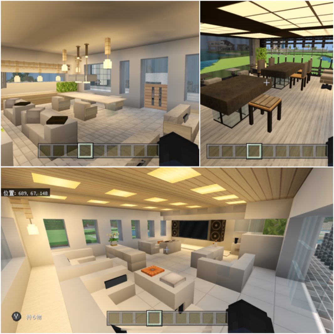 なゆ ひとりでしんみり過ごしたい人向けの窓際席 ホテルのロビーでくつろいでる様なソファー席 大人数で貸し切り出来そうなテーブル席 昼夜問わず景色を楽しめるテラス席が揃った大きなカフェ Minecraft なゆクラ日記 マイクラ建築 マイクラ