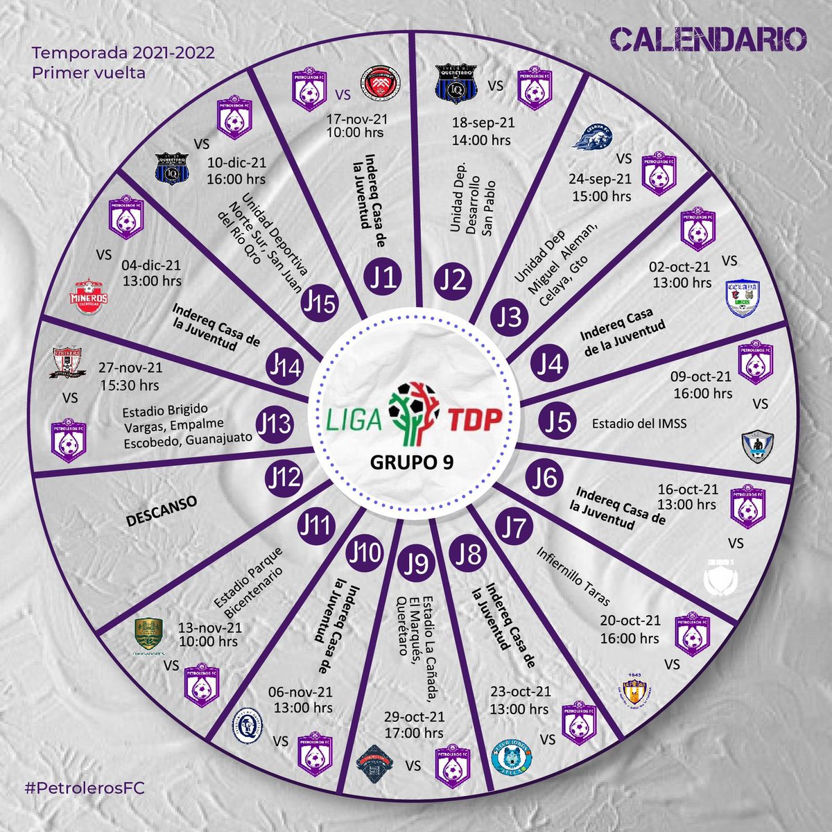 Les compartimos el calendario de nuestra primera vuelta de la temporada 2021-2022 de la Liga TDP MX ✅⚽️

Nos quedan 3 jornadas por disputar 🤩

¡Vamos Petroleros! 🦾 <a href="/LigaTDP/">Liga TDP</a>