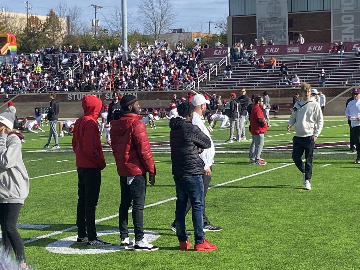 MacStephens's tweet photo. Brought a talented crew down to @EKUFootball game with HEIGHTS defensive back coach @B_Biggom . @Jumel_lewis13 @ThaOnly2_ and @WillAngl5 checking out pregame warmups https://t.co/3Su2IeBEC0