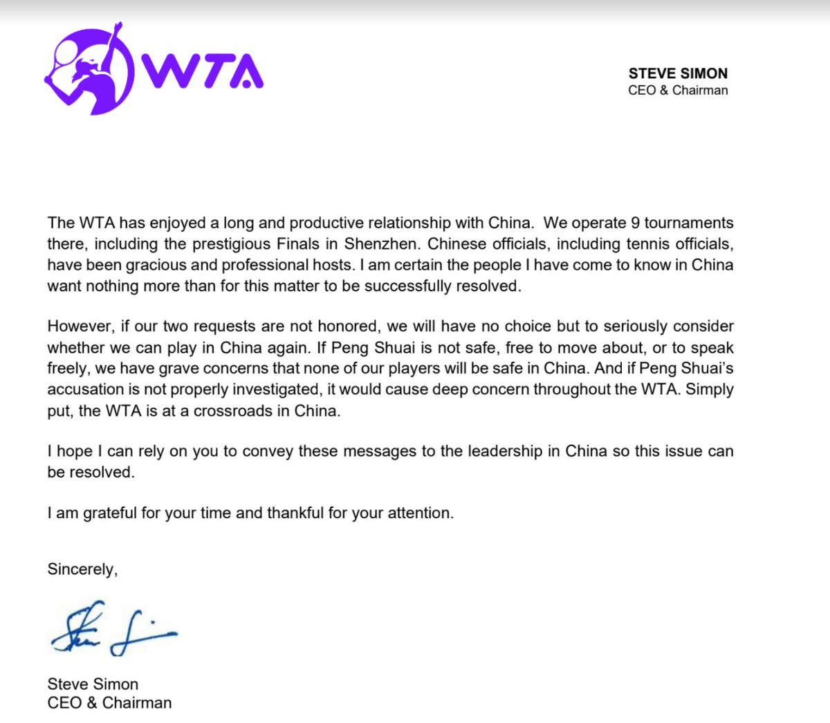 christophclarey's tweet image. Copy of letter sent by WTA chief Steve Simon to the Chinese Ambassador to the United States about Peng Shuai

&quot;Simply put, the WTA is at a crossroads in China. I hope I can rely on you to convey these messages to the leadership in China so this issue can be resolved&quot;