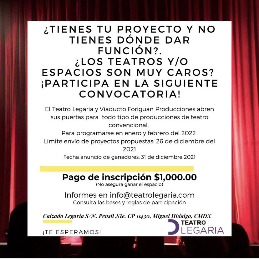 ¿Tienes tu proyecto y no tienes dónde dar función? ¿Los teatros y/o espacios son muy caros?  ⭐️¡Participa en la siguiente convocatoria!⭐️
🔴Consulta las bases y reglas🔴
Para más informes en📨 info@teatrolegaria.com 
#convocatoria #consultabasesycondiciones #Teatro
