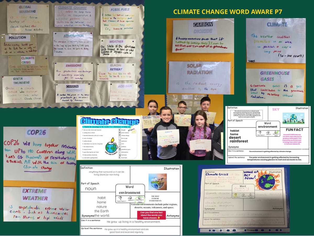 Caldercuilt's tweet photo. P7 used word aware to develop their Climate Change vocab.We selected words that were core to our topic, we then used illustrations , the word in context, definitions & antonyms or interesting facts about the word to embed it in our memory.
#starapproach @litforalllb #STEMglasgow https://t.co/9MntNpYeZt