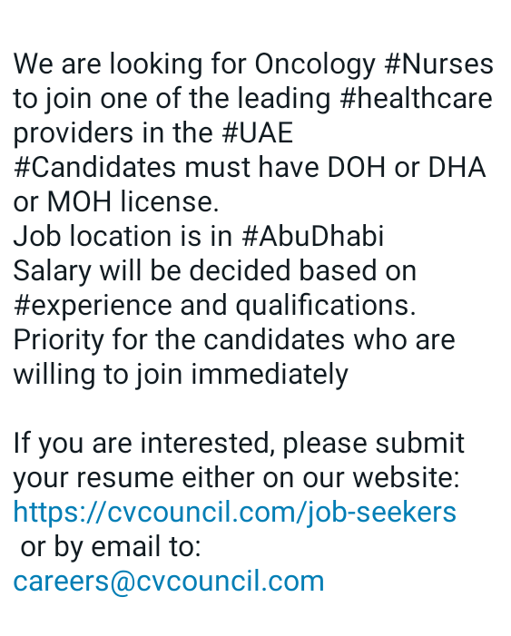 #hiring #nurses #oncologynurses #uae #abudhabi #Jobs #JobSearch
#jobseeker #UAEJob
CVcouncil.com/job-seekers 

Careers@cvcouncil.com