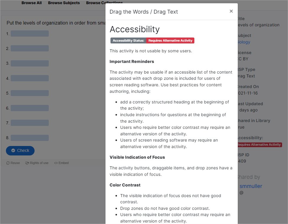 FYI. The LibreStudio (studio.libretexts.org) is our dynamic platform for creating, distribution, embedding, and homework (through ADAPT) with #H5P. It is freely available to all with >5.5k questions 
and we are building real-time accessibility guidance (big issue with H5P).
