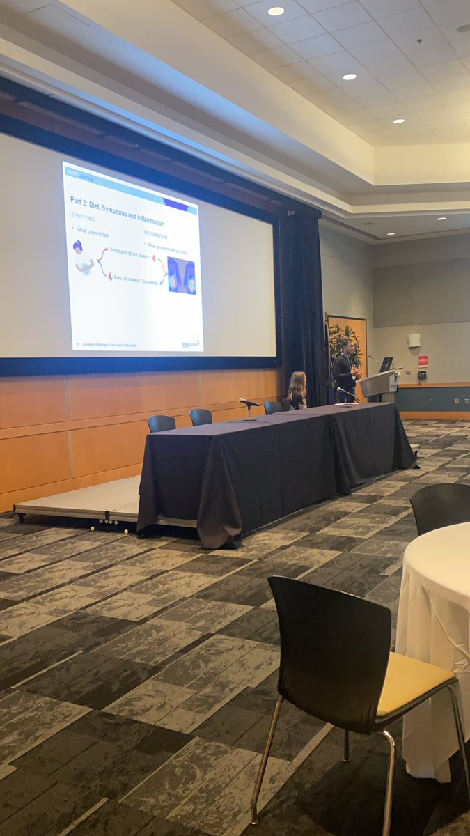 <a href="/emilyhaller_rdn/">Emily Haller, MS, RDN</a> <a href="/IBDimmunology/">Shrinivas Bishu</a> dynamic duo presenting on Nutrition, Diet in #IBD 

“There is no one size fits all approach to diet in IBD” we need to individualize recommendations 

We have to make sure IBD pts understand the difference between symptoms + inflammation