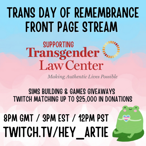 HeyArtie_'s tweet photo. We're LIVE! 💜 Building a cosy home in @TheSims and fundraising for @TransLawCenter for #TransDayOfRemembrance 

We'll be on Twitch Front Page in just one hour's time!! 💙

https://t.co/dD6R7k7z09 https://t.co/rwR1QzhBSr