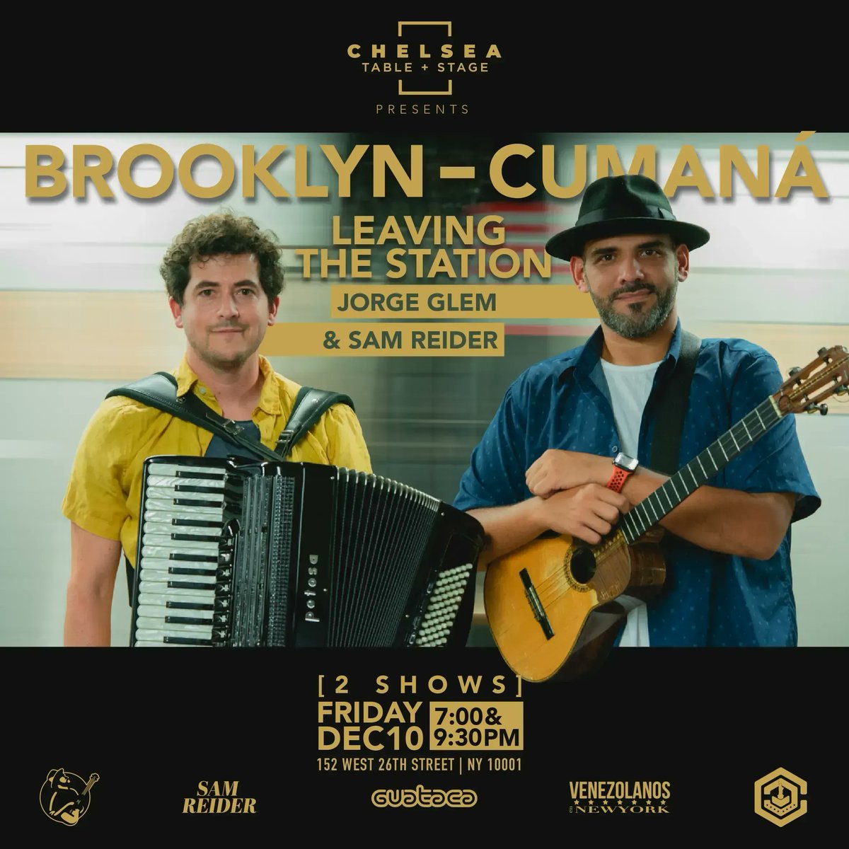 El cuatrista <a href="/jorgeglem/">Jorge Glem</a> y su amigo, el gran acordeonista estadounidense <a href="/samreidermusic/">Sam Reider</a> ya tienen listo su álbum Brooklyn-Cumaná, que editarán en 2022🤩🎵👏🏻. Pero antes, el próximo 10 de diciembre, ofrecerán un par de abrebocas en #NuevaYork🗽.
Entradas: bit.ly/3op8mTf